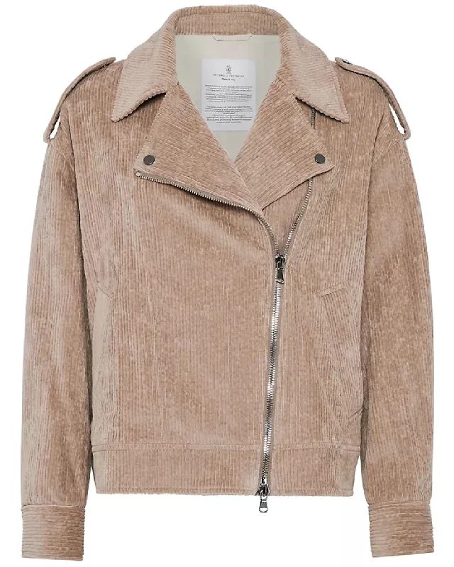 Women's Clothing For Outdoor Activities Warm Beige Suede Corduroy Moto Jacket