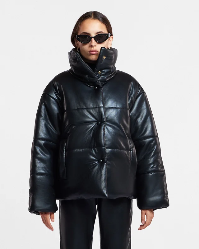 Fashionable Women's Clothes Hide - Okobor™ Alt-Leather Puffer Jacket - Black