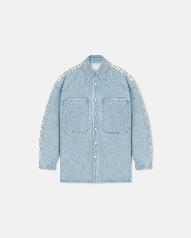 Women's Sporty Clothes Beaux - Crochet-Trimmed Denim Shirt - Eco Bleach