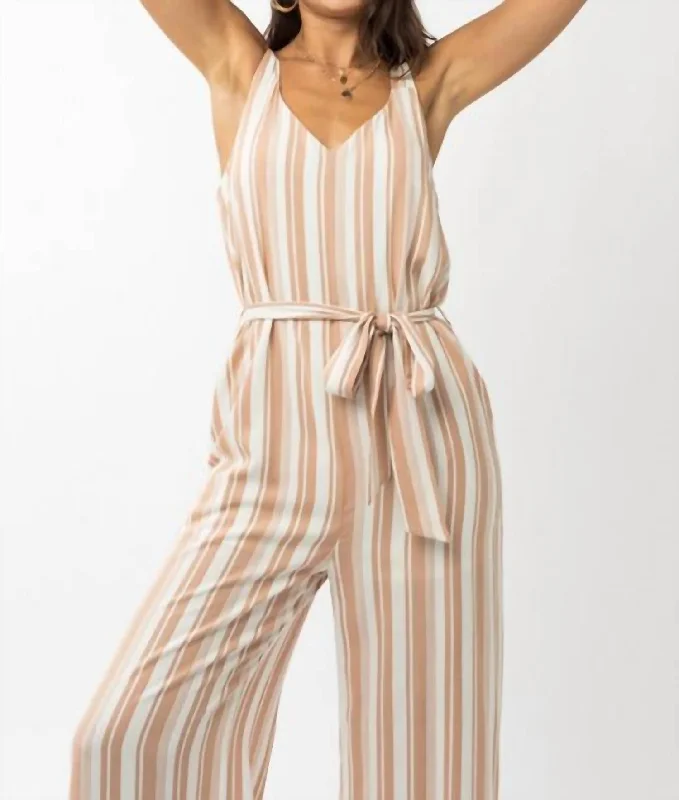 Affordable Women's Garments Taupe Striped Jumpsuit In White And Beige