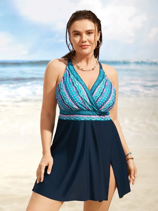 Casual Dresses for Women Overlap Collar Bandana Patchwork Split Hem Swim Dress