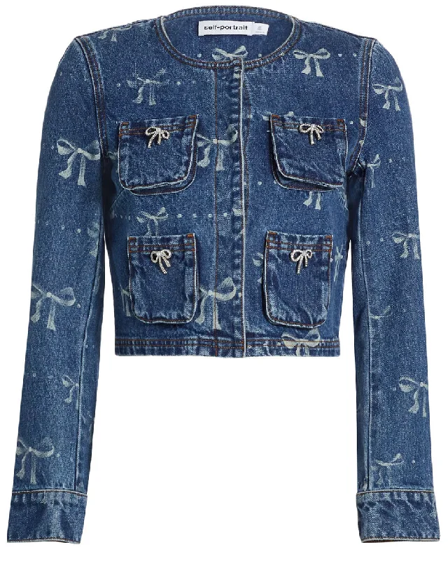 Chic Women's Garments Blue Bow Print Denim Jacket