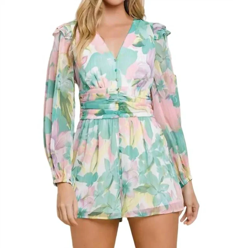 Women's Outdoor Activity Garments Ruched Waist Romper In Green Multi