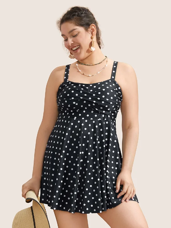 Polka Dot Crossover Ruched Flutter Hem Swim Dress