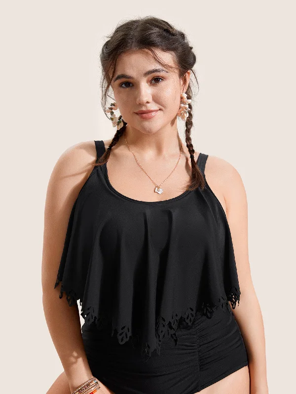 Solid Ruffle Trim Laser Cut Swim Top