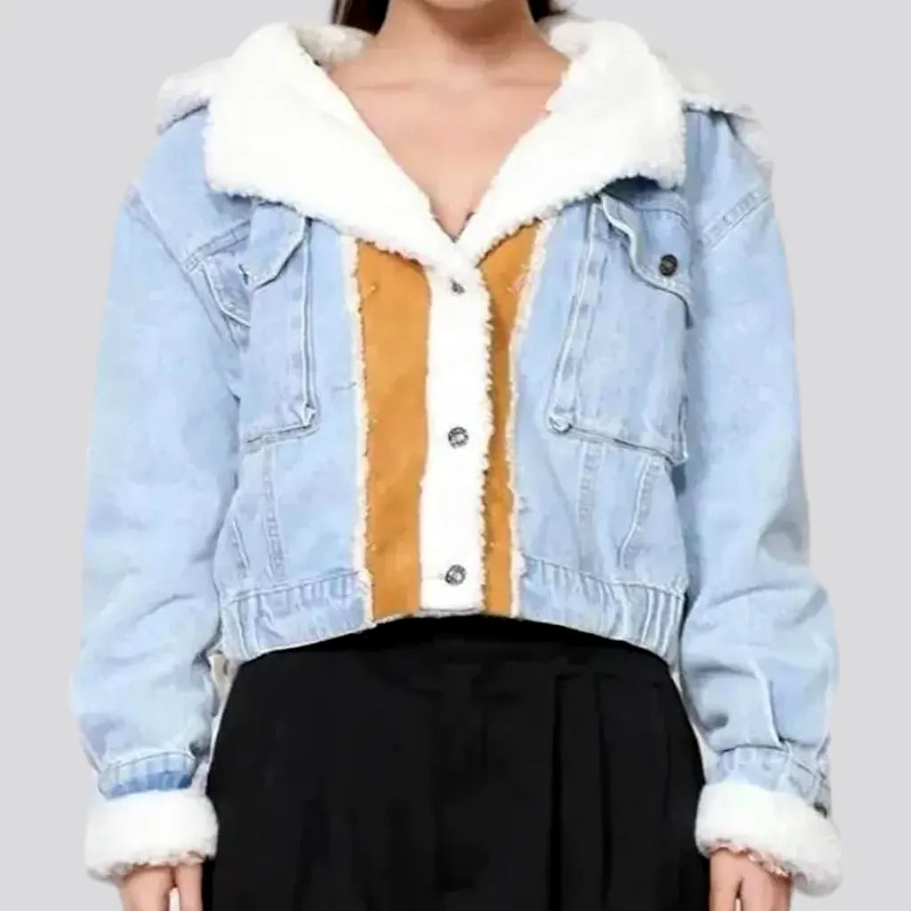 Light-wash hooded denim jacket for women