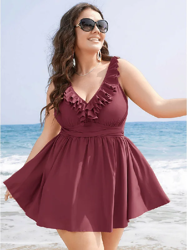 Ruffle Trim Adjustable Straps Gathered Sculpt Waist Swim Dress