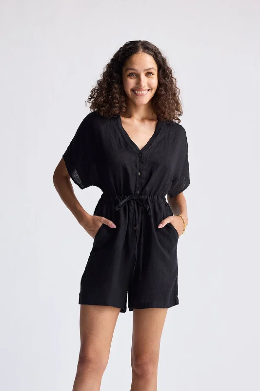 Women's Professional Apparel V neck Drawstring Romper in Black