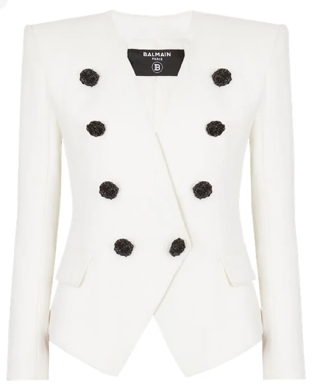 Women's Clothes Online Shopping Blanc Crepe Collarless Double Breasted Jacket