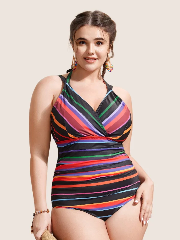 Elegant Women's Clothing Contrast Striped Tie Knot One Piece Swimsuit