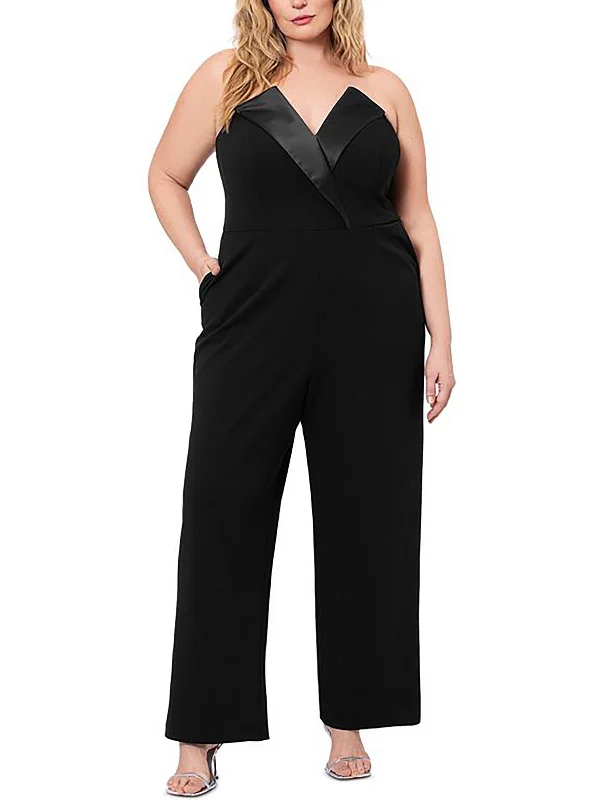 Chic Women's Garments Petites Tasha Womens Satin Trim Strapless Jumpsuit
