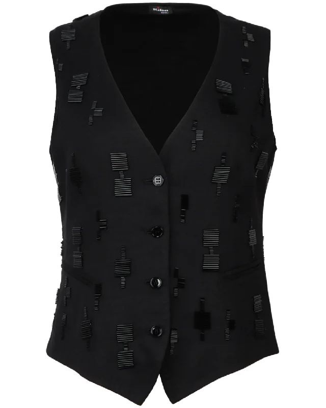 Women's Stylish Casual Garments Black Linen Embroidered Vest