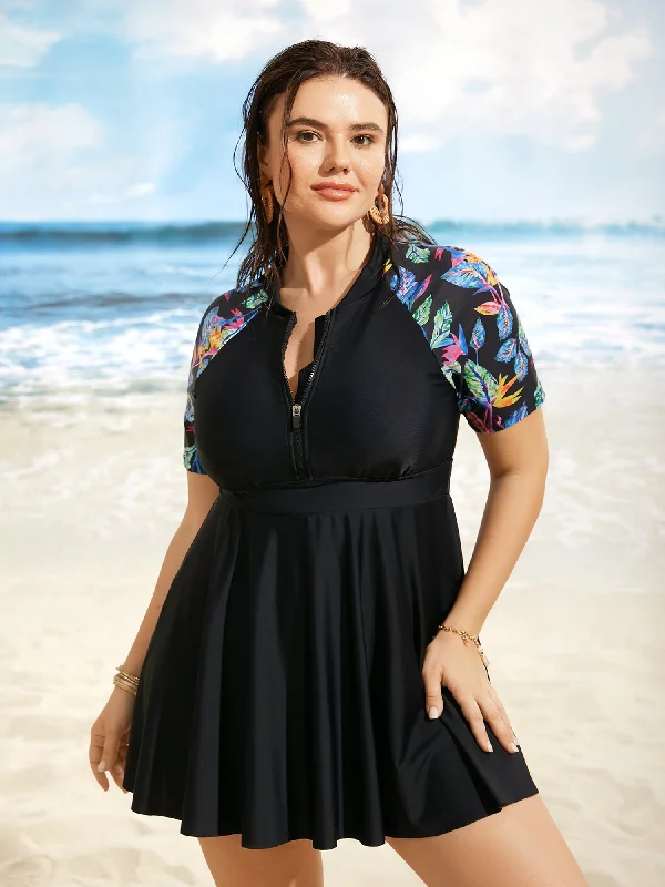 Tropical Print Half Zip Raglan Sleeve Swim Dress