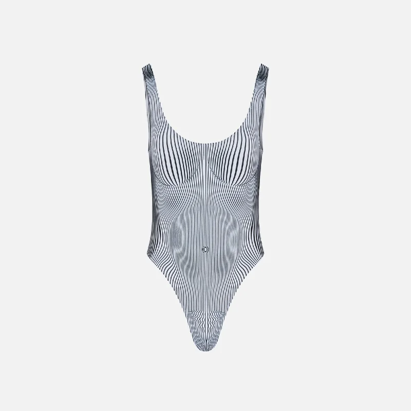 Timeless Women's Clothing Jean Paul Gaultier Swimsuit Printed in Pinstripe Body Morphing - Black / White Timeless Women's Clothing Jean Paul Gaultier Swimsuit Printed in Pinstripe Body Morphing - Black / White
