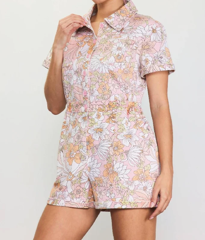 Casual Apparel For Women Retro Floral Collared Romper In Apricot