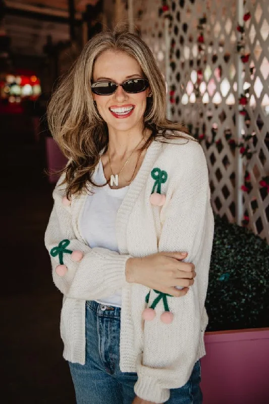 Women's Clothing For Holiday Travel Cherry Long Sleeve Sweater Knit Cardigan