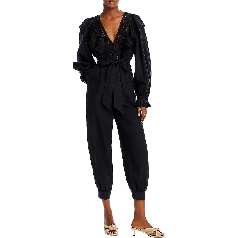 Women's Travel Attire Womens Eyelet Belted Jogger Jumpsuit