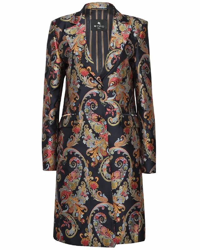 Classic Women's Clothing Styles Navy Multicolor Paisley Overcoat