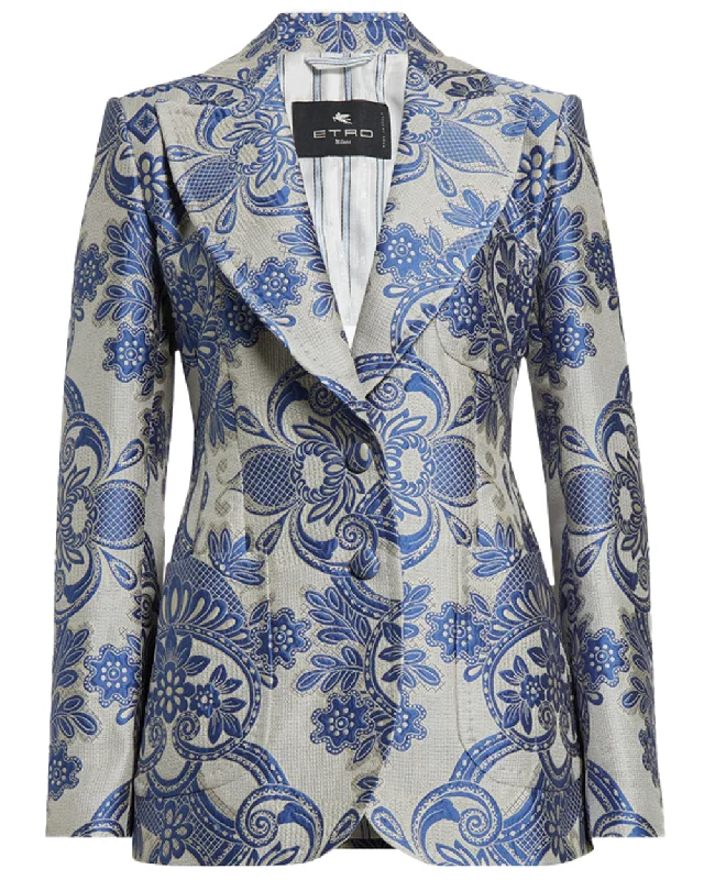 Trendy Outfits For Ladies Blue Paisley Jacquard Single Breasted Blazer