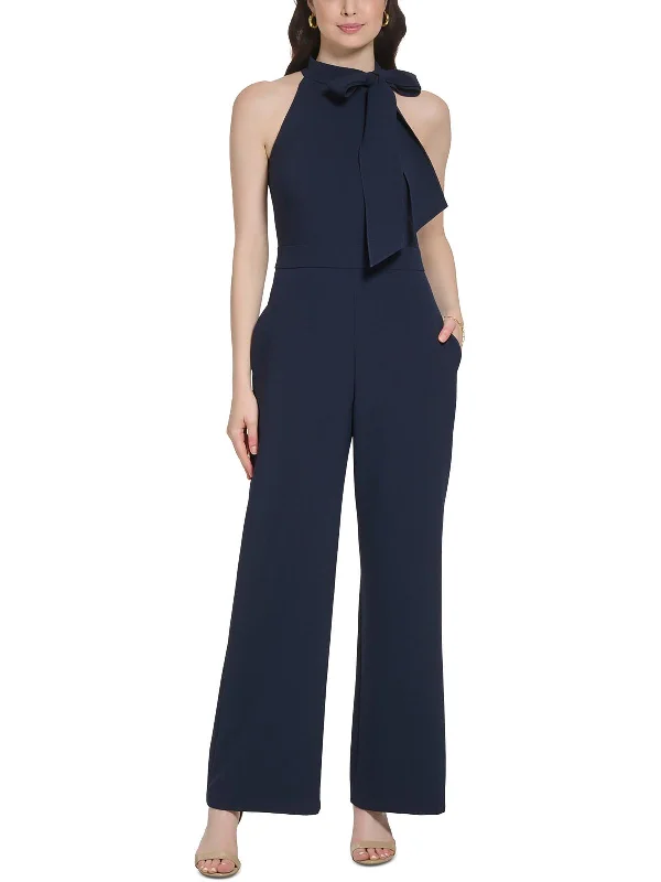 High-End Women's Apparel Petites Womens Wide Legs Tie-Neck Jumpsuit
