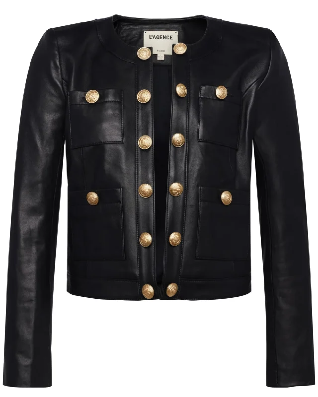 Women's Professional Clothes Black Leather Collarless Jayde Jacket