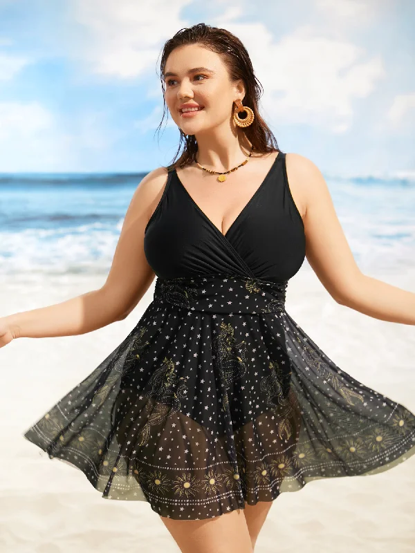 Versatile Women's Fashion Overlap Collar Moon & Star Patchwork Mwsh Swim Dress