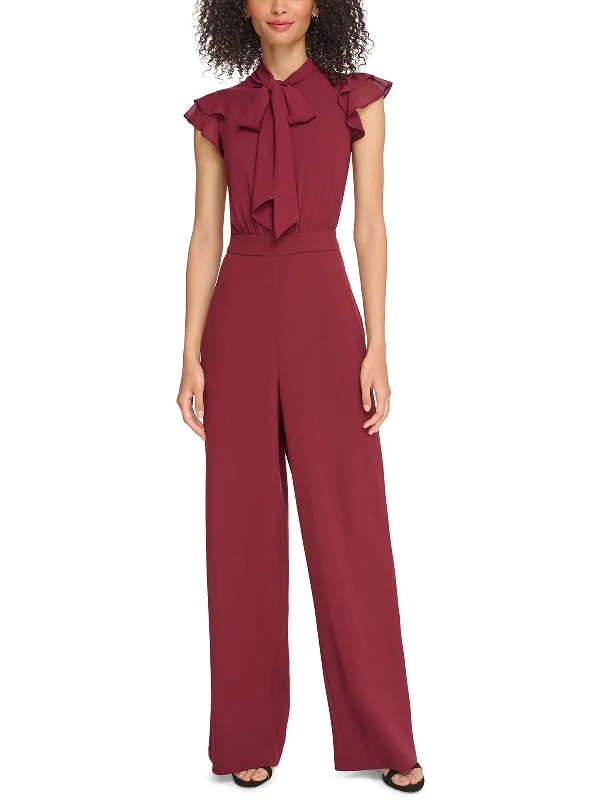 Clothes Women Petites Womens Tie Neck Flutter Sleeve Jumpsuit