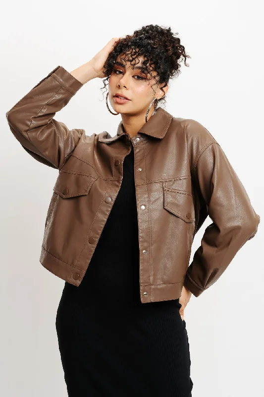 Women's Clothes for All-Day Comfort and Style Brown Boxy Leather Jacket