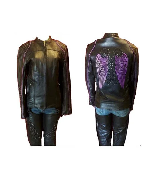 New Arrival Discount Ladies Black Leather Jacket with Stud and embroidery Purple Wing Design 1952.08 New Arrival Discount Ladies Black Leather Jacket with Stud and embroidery Purple Wing Design 1952.08
