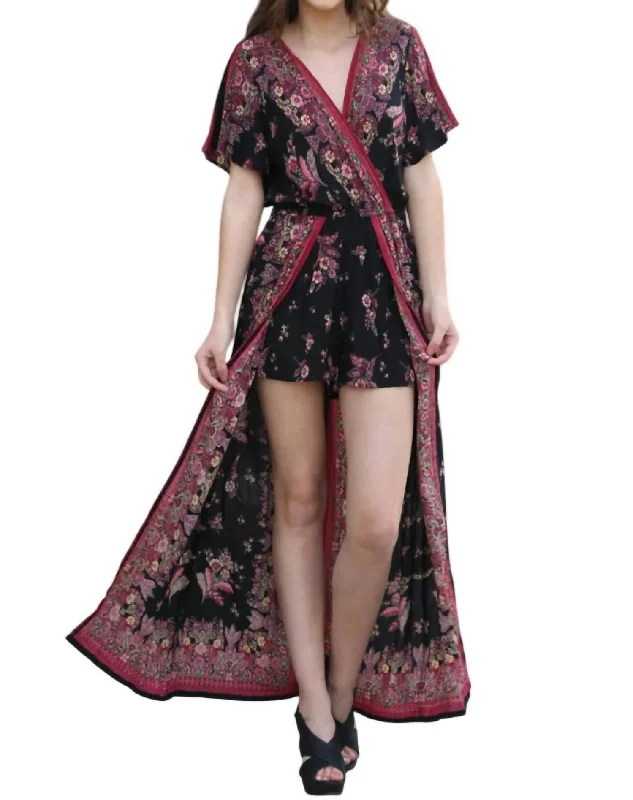 Women's Outerwear Apparel Border & Floral Print Maxi Romper In Black
