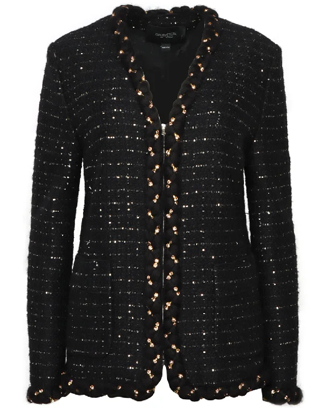 Stylish Women's Outfit Black Micro Sequin Boucle Jacket