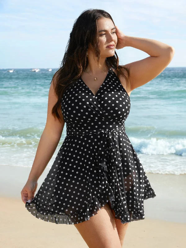 Polka Dot Ruffled Hem Belted Swim Dress