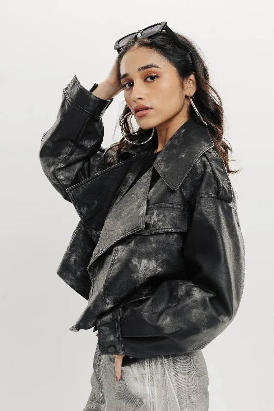 Sale For Women Charcoal Wash Biker Jacket