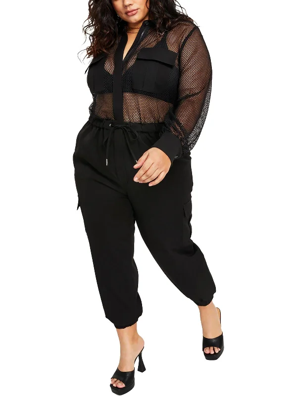 Affordable Women's Outfit Plus Womens Mesh Drawstring Hem Jumpsuit