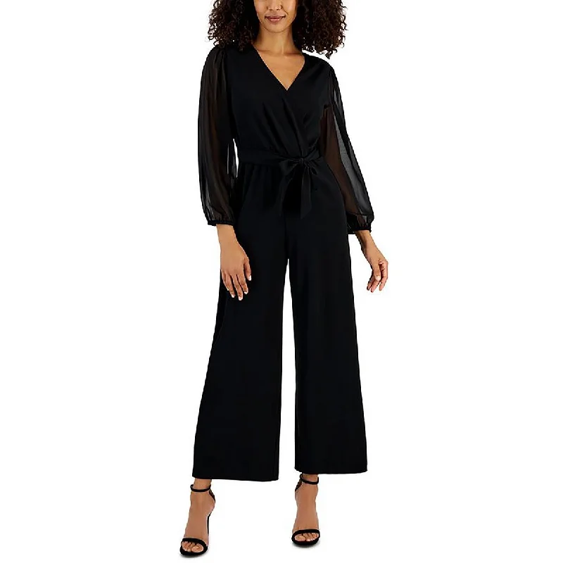 Women's Contemporary Apparel Petites Womens Tie-Wiast Wide Leg Jumpsuit