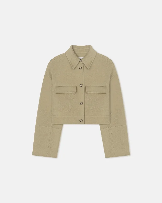 Luxury Women's Clothing Nevelle - Cropped Double Wool And Silk Jacket - Pale Olive