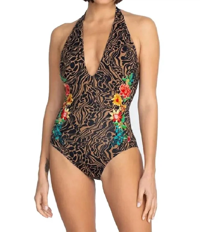 Halter Embroidered Onepiece Swimsuit In Multi