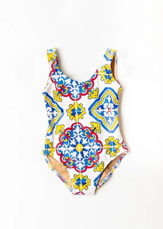 Vintage Clothing For Women Spanish Tile Swimsuit Kid White