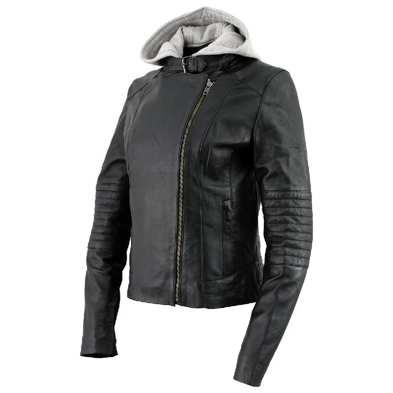 Trendy Women's Outfits for Casual Wear Xelement B91044 Women's ‘Quilt’ Black Leather Motorcycle Biker Racer Style Scuba Jacket with Hoodie Trendy Women's Outfits for Casual Wear Xelement B91044 Women's ‘Quilt’ Black Leather Motorcycle Biker Racer Style Scuba Jacket with Hoodie