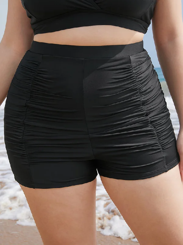 Solid High Waist Ruched Detail Swim Shorts