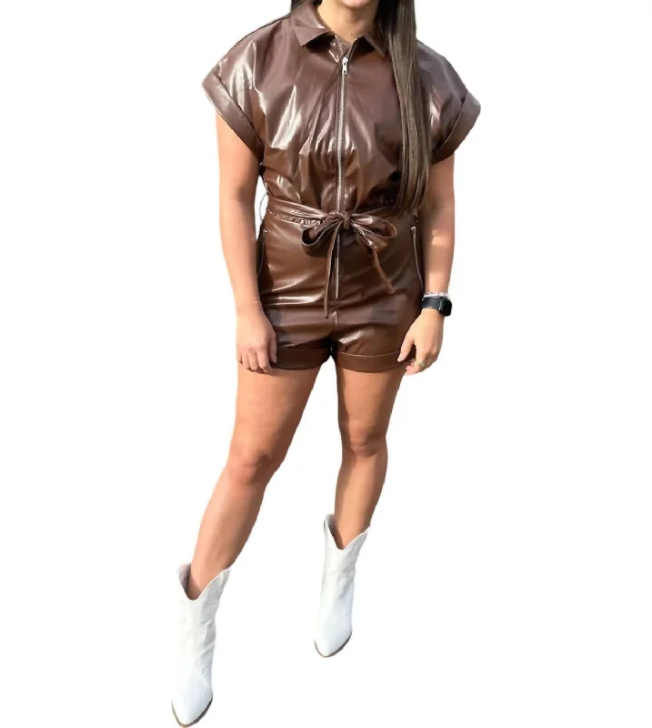 Women's Activewear Apparel Faux Leather Romper In Brown