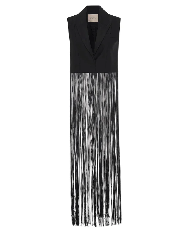 Fashion-forward Women's Clothing Black Atlas Fringed Sleeveless Blazer