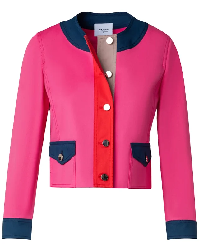 Best Online Boutiques For Women Pink Color Block Round Neck Crop Jacket