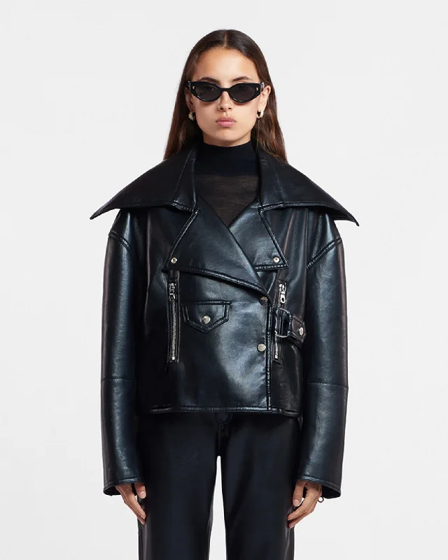 Vintage-Inspired Women's Apparel Ado - Regenerated Leather Jacket - Black