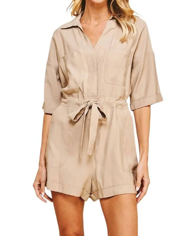 Stylish Women's Garments For Holidays Belted Romper In Taupe