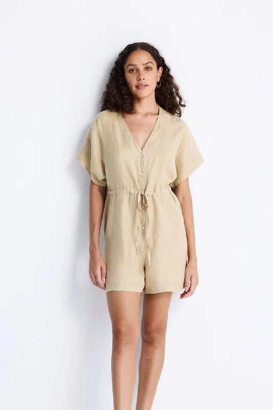 Women's Chic Apparel V neck Drawstring Romper in Neutral Beige