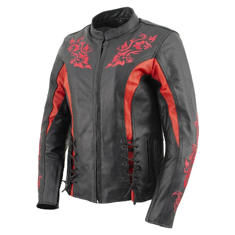 Affordable Women's Clothing Sale Online Xelement XS2029 Women's 'Gemma' Biker Black with Red Leather Embroidered Jacket with X-Armor Affordable Women's Clothing Sale Online Xelement XS2029 Women's 'Gemma' Biker Black with Red Leather Embroidered Jacket with X-Armor