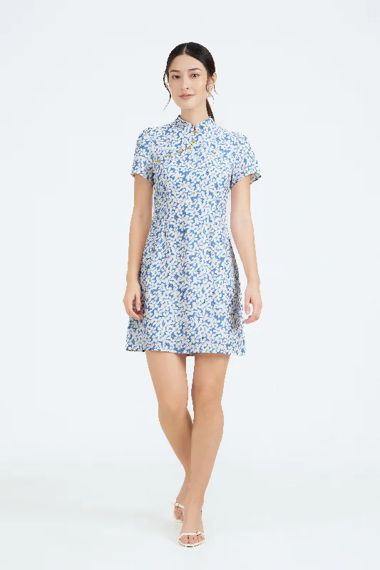 From Casual To Chic, All On Sale Sleeved Cheongsam in Magnolia Print (Blue)