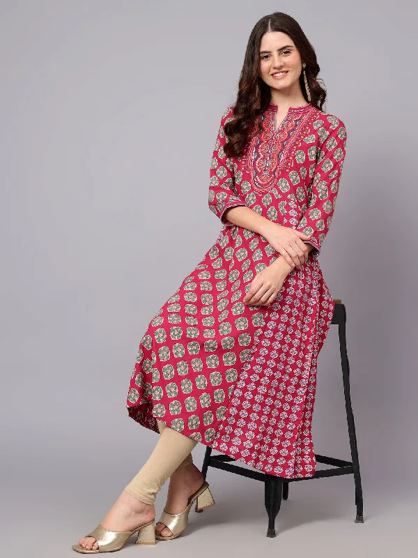 Top Brand Discounts Women's Dark-Pink Floral Printed Band Collar Regular Fit 3/4 Sleeves Kurti