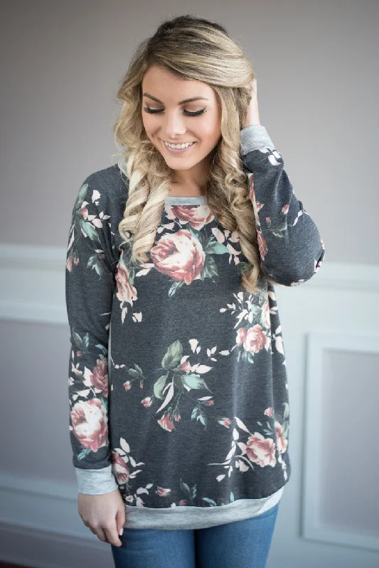 Trend Leading Collection On My Level Floral Top ~ Charcoal